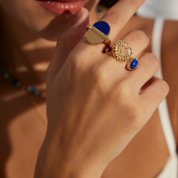 🌼 Artisan Original Daisy & Lapis Lazuli Bypass Ring | S925 Gold Adjustable - Picture 4 of 9